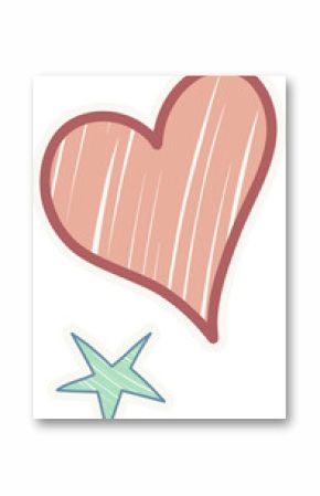 Doodle showing large pink heart and mint-green star with brushstrokes on transparent background
