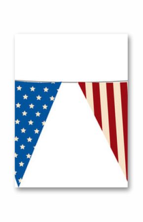 Flat design bunting is hanging on transparent bg with thin cord and star-spangled striped flags