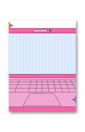 Flat-style pink laptop is showing blue lined screen, star sparkles on transparent background
