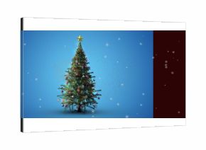 Showing artificial Christmas tree in studio with gold star topper, baubles, garlands and snowflakes