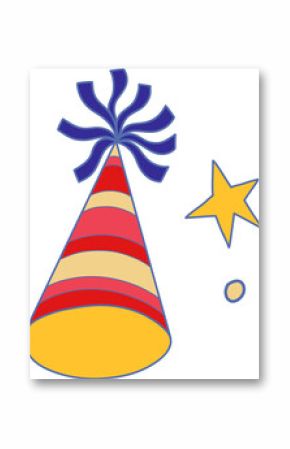 Flat design striped party hat is floating on transparent canvas, showing ribbons, star and circle