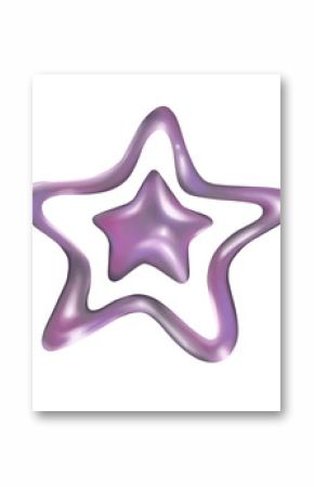Stylized 3D metallic star is floating on transparent background with glossy outline and inner star
