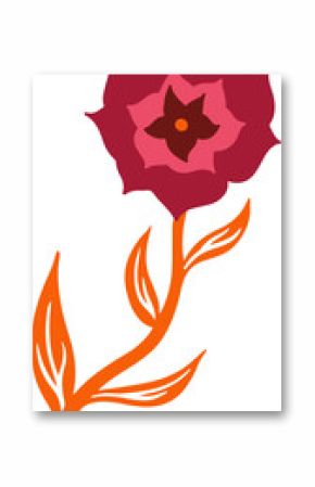 Flat flower is showing red-pink petals, star-shaped center, orange stem, transparent background
