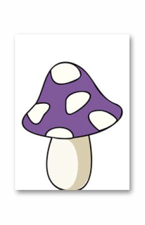 Cartoon mushroom is growing purple-spotted cap, beige stem, hovering white star on transparent bg