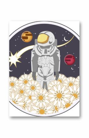 Solitary astronaut is standing in flat emblem, amid daisies and planets, transparent background
