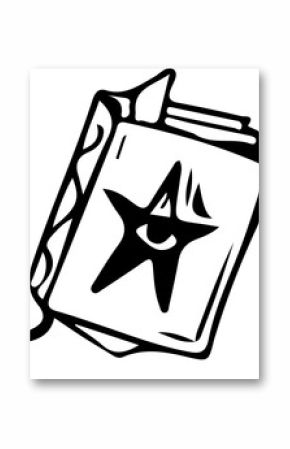 Closed black line art is showing star emblem, wavy spine, trailing ribbon on transparent background