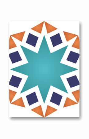 Radial ornament is forming in flat with teal star, navy squares, orange triangles on transparent