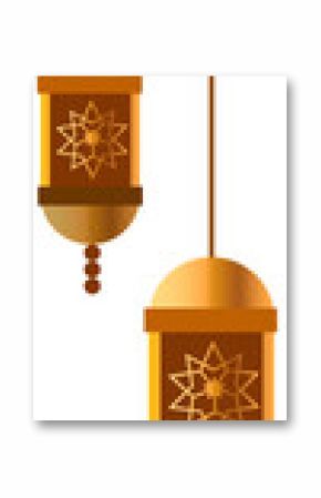 Two lanterns are hanging with star motifs and beads glowing in vector design with clear background