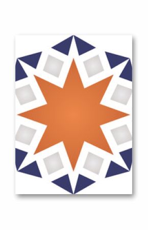 orange star is showing flat mandala of white + dark blue shapes, transparent background