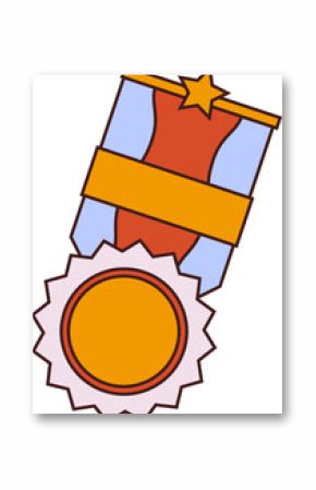 Flat medal is floating on transparent background showing striped ribbon, rosette, gold star, banner