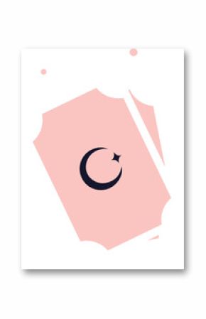Flat design cards are floating with pink and moon star icons, transparent background, copy space