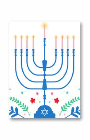 Flat Hanukkah menorah is featuring nine lit candles, decor, Star of David on transparent backdrop