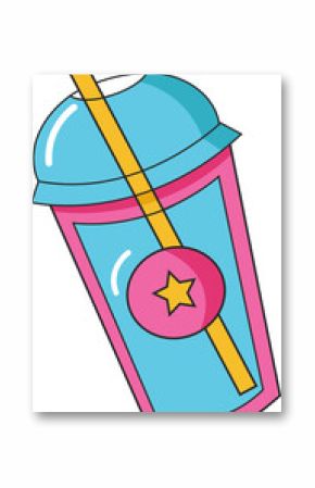 Disposable cup is floating in flat design on transparent backdrop with dome lid, straw, star emblem
