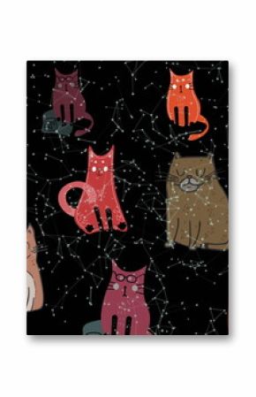 Showing stylized cartoon cats forming repeat motif in cosmic design, with star-dot constellations
