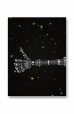 Floating articulated robotic arm extending toward center of star field, with thumbs-up gesture