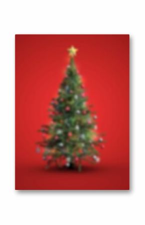 Evergreen tree is standing against red backdrop in flat vector, baubles, lights, star topper