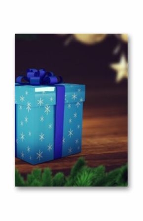 Flat design showing blue snowflake gift box on table, framing boughs and hanging baubles with star