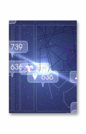 Displaying interface panels showing map grid and network lines over star field, with bell icons