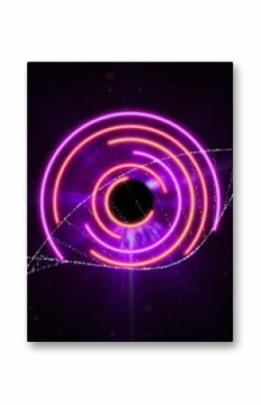 Displaying black circular core surrounded by neon rings in space, with DNA helix, star-like specks