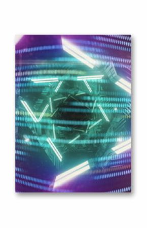 Neon lights and digital patterns forming geometric shapes in futuristic image