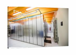 Server racks featuring cable trays, fluorescent lights, patch panel and extinguisher, flat design