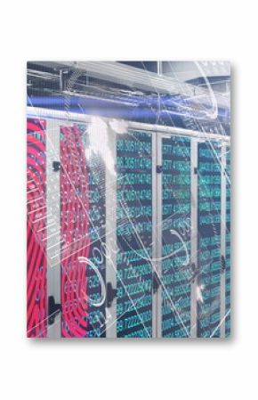 Displaying server cabinets lining data center aisle, with LED lights and fingerprint code overlays