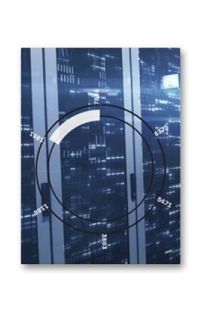 Scanning server racks showing lights and cables in data center, with circular holographic overlay