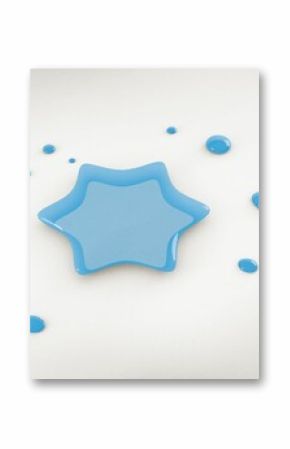 Glossy blue liquid star is resting on smooth white surface in flat design, with scattered droplets