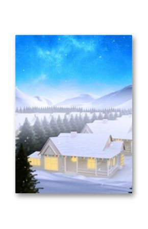 Flat design showing wooden cabin with glowing windows and string lights under snowy pine forest sky