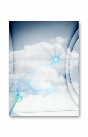 Cloud is glowing in portal with blue star light hovering blue-green wisps, framing metal rings