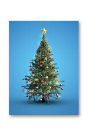 Decorated Christmas tree is standing against blue gradient backdrop with glowing star, red baubles