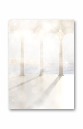 Twinkling lights over balcony with columns