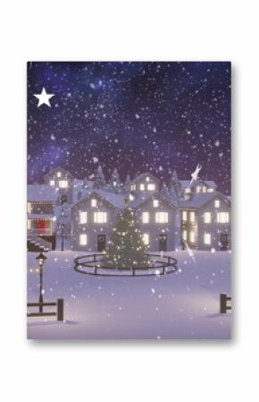 Sparkling Christmas tree shining in snowy plaza at night, with lampposts and star decorations