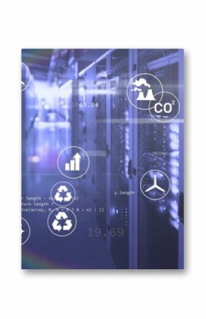 Glowing server network cabinets flashing LED lights in datacenter, with eco icons, code fragments