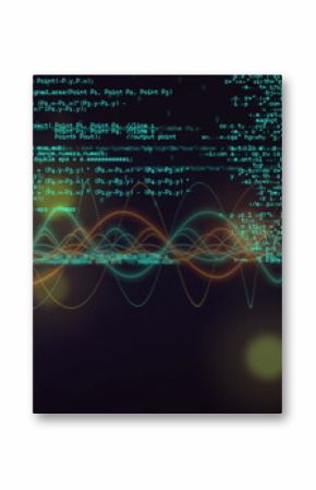 Flowing colorful waveform lines across dark digital space, with floating code and bokeh lights