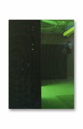 Illuminating empty datacenter corridor, with server racks, LED lights, cable trays, ducts and vents