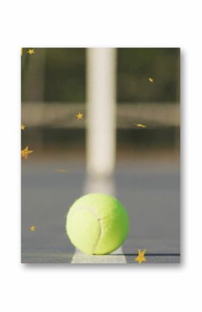 Resting tennis ball sitting balanced on painted hardcourt, with net post, rope and star graphics