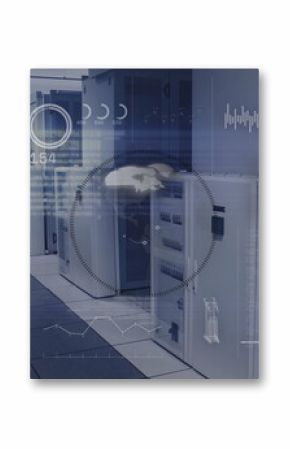 Central server racks glowing with indicator lights in data center corridor, with HUD overlays