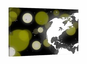 Displaying stylized dotted world map on dark background, with yellow-green bokeh lights, copy space