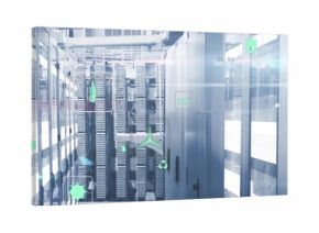 Displaying server racks showing status lights in data center aisle, with CO2 recycling icons