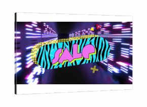 Floating zebra-patterned sale sign hovering in neon tunnel, with neon lights, geometric shapes