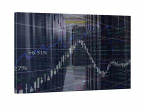 Displaying financial chart overlay over racks in data center hallway, with blinking LED lights
