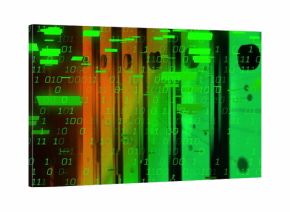 Glowing server rack displaying binary code in data center, with LED lights, network cables