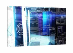 Displaying holographic data panels floating over server racks in data center, with blue LED lights