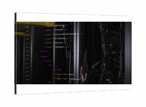 Displaying server rack hosting cables, RJ45 connectors in data center with HTML overlay, LED lights