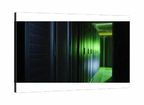 Glowing row of server racks lining data center corridor, with green LED lights and cable trays