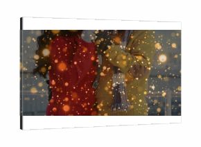 Standing daughter and father wearing coats on rooftop terrace, with metal railing and golden lights