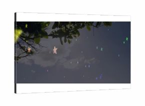Framing overhanging tree branches draping green leaves against dusky sky, showing star shapes