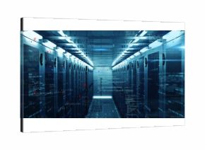 Streaming code projections along data center corridor, highlighting server racks and LED lights