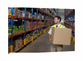 Stacks of cardboard boxes stretching on tall metal racks along warehouse aisle under bright lights